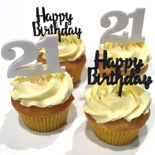 Number 21 Acrylic 6pk Cupcake Toppers Gold Silver White Black Grey